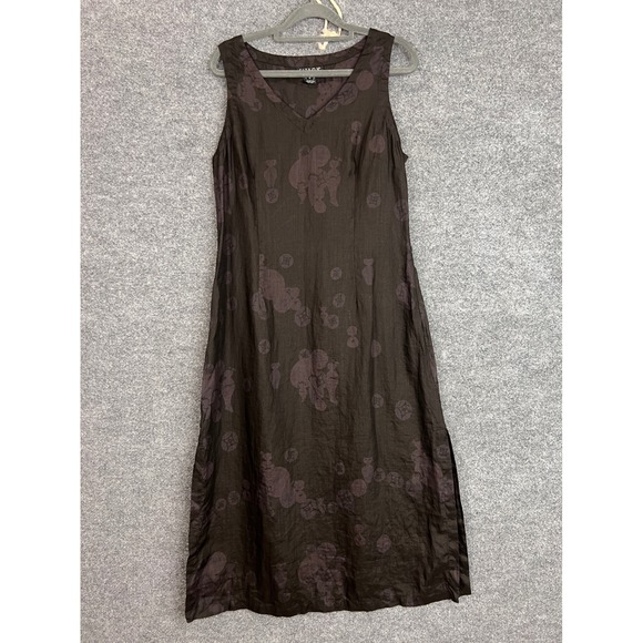 Citron Santa Monica Linen Dress Sleeveless Brown Floral Print V Neck Midi sz M - Picture 1 of 11